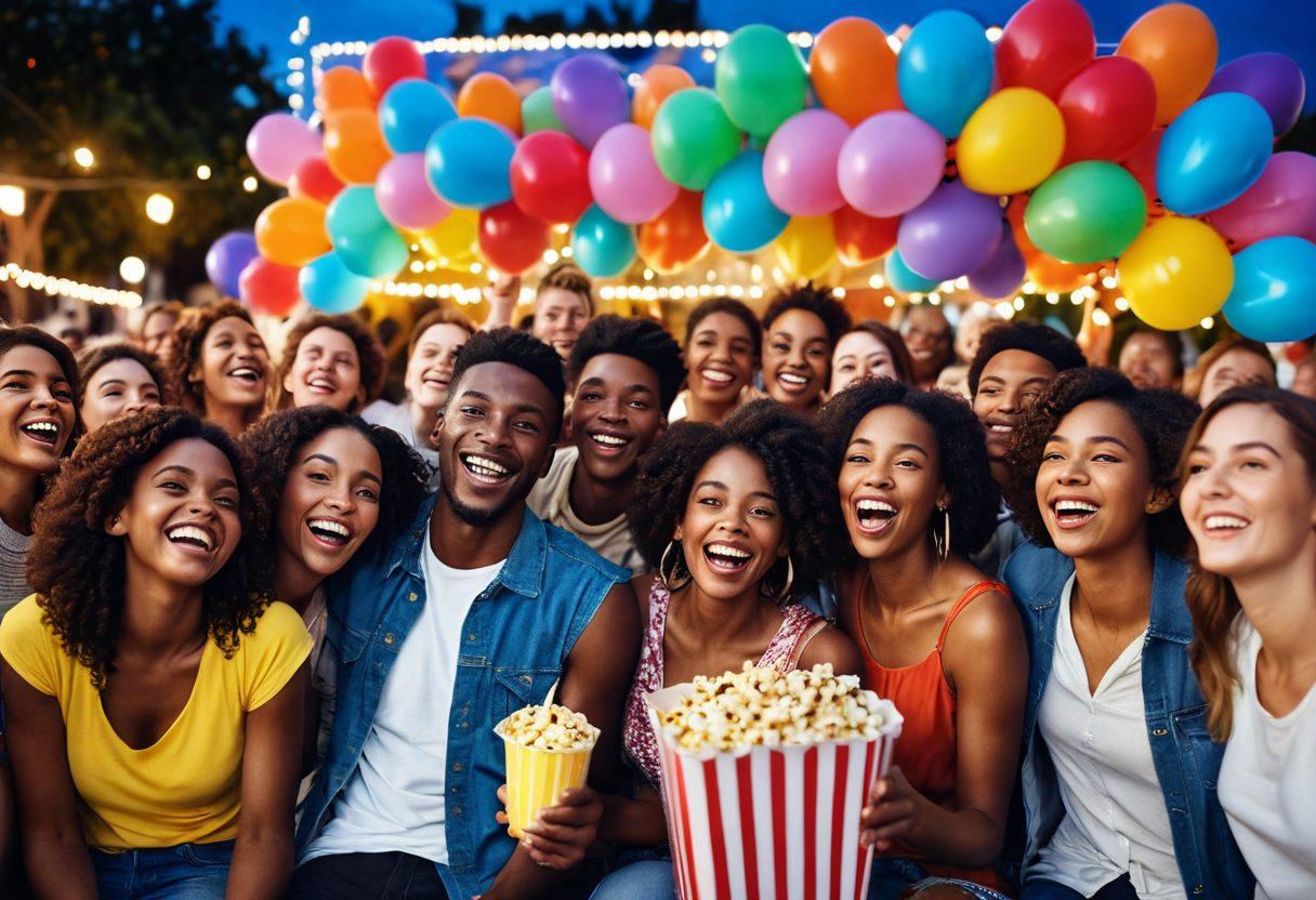 A vibrant scene of a diverse group of people joyfully watching a film on a big screen outdoors, surrounded by colorful balloons and popcorn. The atmosphere is energetic, with laughter and smiles, capturing the essence of happiness and connection. Bright fairy lights twinkle overhead, enhancing the festive mood. Include diverse body language and expressions of joy on the faces. super-realistic. vibrant colors. festive ambiance.