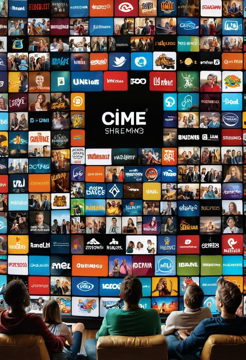 A vibrant collage of various streaming video channel logos intertwined with images of people enjoying movies and shows on smart devices. The background features a cozy living room with a large TV displaying a diverse array of genres, including action, comedy, and documentary. Overhead, colorful beams of light symbolize streaming and connectivity, creating a dynamic and inviting atmosphere. super-realistic. vibrant colors. cozy ambiance.